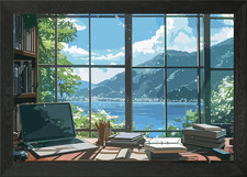 Listing image for Cozy Study Room with Lake View Framed Wall Art Poster Canvas Print Picture