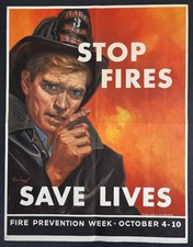 Listing image for Vintage 1959 Firefighter Poster Litho STOP FIRES SAVE LIVES Fruhauf 17" x 22"