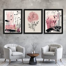 Listing image for Abstract Botanical Wall Art Print Set Of 3 Minimalist Floral Art Pink and Grey